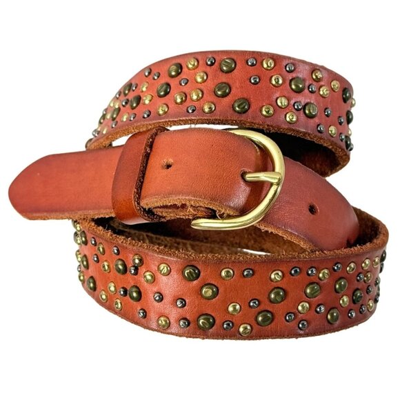 J. Crew Brass Studded Leather Belt Sz M VTG Retro Hippie Style Coastal Cowgirl